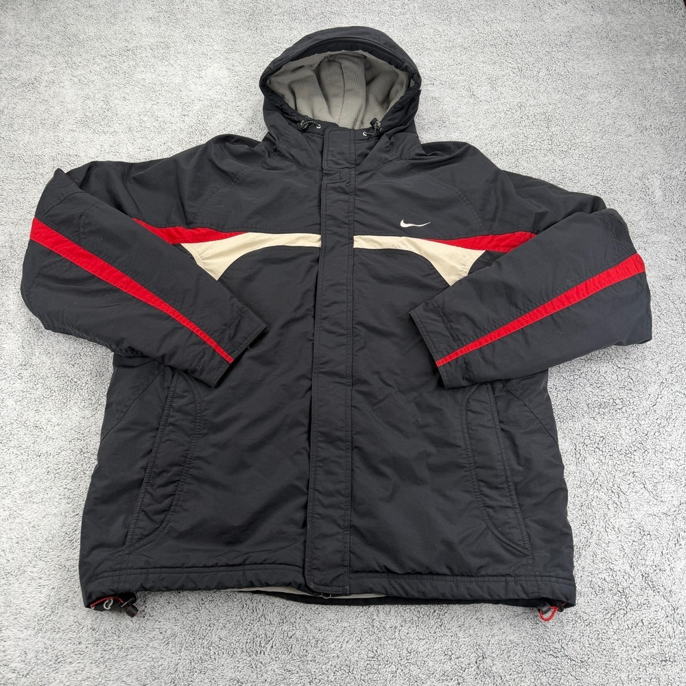 Vintage Nike Jacket Mens Large Black Center Side Swoosh Zip Pocket Hooded 90s
